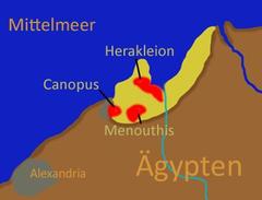 Map of Northern Egypt showing the submerged ancient cities Herakleion, Canopus, and Menouthis