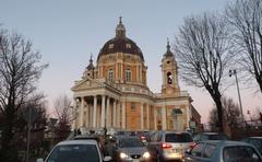 Large basilica in Turin with panoramic view and cloudy sky