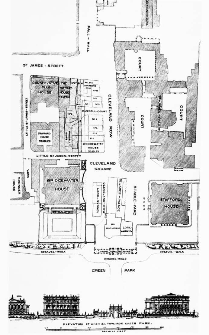 Historical map of Barry's scheme to widen Cleveland Row, 1850
