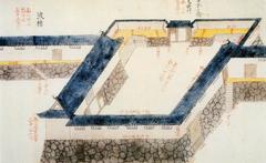 Historical Japanese castle illustration showing Amagasaki Castle with detailed map