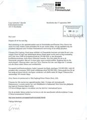 Letter from Cissi Elwin-Frenkel of Swedish Film Institute to Lena Adelsohn Liljeroth explaining funding for Dirty Diaries feminist porn shorts
