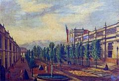 Historic painting of La Casa de Moneda and statue by Jean-Joseph Perraud in Santiago circa 1860