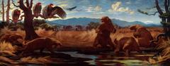 Restored mural of Rancho la Brea Tar Pool depicting prehistoric life with sloths, saber-toothed cat, condors, and Columbian mammoth remains in the San Gabriel range