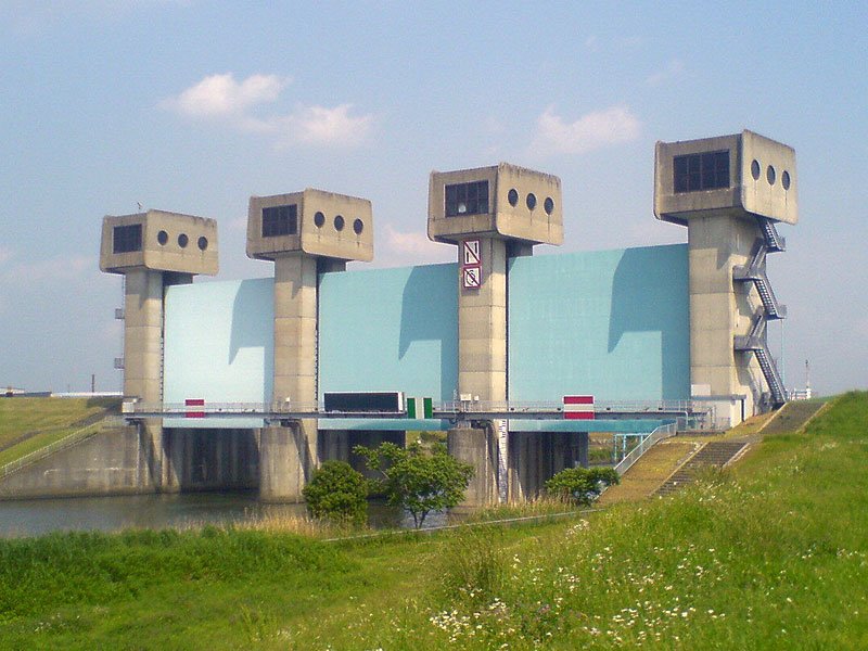 Iwabuchi Water Gate blue structure over river