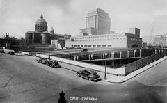 Central Station in Montreal in 1945 with de la Gauchetière Street West, Mary Queen of the World Cathedral, and Sun Life building in the background