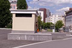 Parking lot of the Energy Machines building at Bauman Moscow State Technical University in Moscow with a cubic shed housing the emergency exit of Lefortovo Tunnel