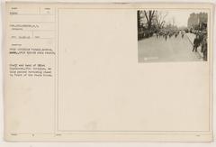 26th Division parade in Boston with staff and band of 181st Engineers passing in front of State House