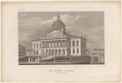 Historic exterior view of the Boston City Hall building, 1852 steel engraving