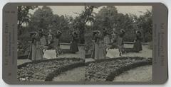 Girls in national costumes in a garden, 1904