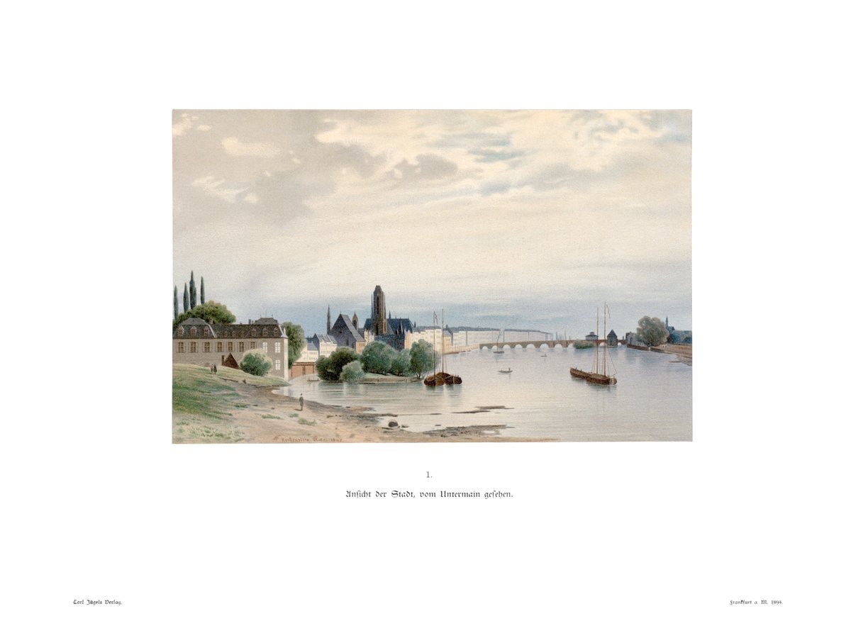 Historic view of Frankfurt Am Main from the Lower Main showing Main Island and the former Main Lust building, a popular amusement place until 1873
