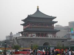 Xi'an Bell Tower illuminated at night with modern buildings in the background