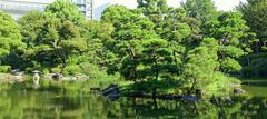 Old Yasuda Garden with traditional Japanese landscaping and pond in Sumida, Tokyo, Japan