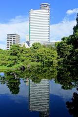 Old Yasuda Garden with traditional Japanese landscaping and pond in Sumida, Tokyo, Japan