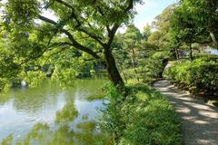 Old Yasuda Garden with traditional Japanese landscaping, pond, and lush greenery in Sumida, Tokyo