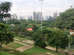 Aerial view of Praça do Pôr-do-Sol park in Alto de Pinheiros São Paulo Brazil during sunset with cityscape in the background