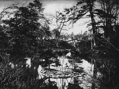 Pre-war Ikutokuen Shinji Pond with traditional Japanese buildings and garden