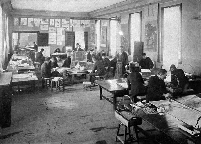 Classroom scene at Tokyo School of Fine Arts with students practicing crafts