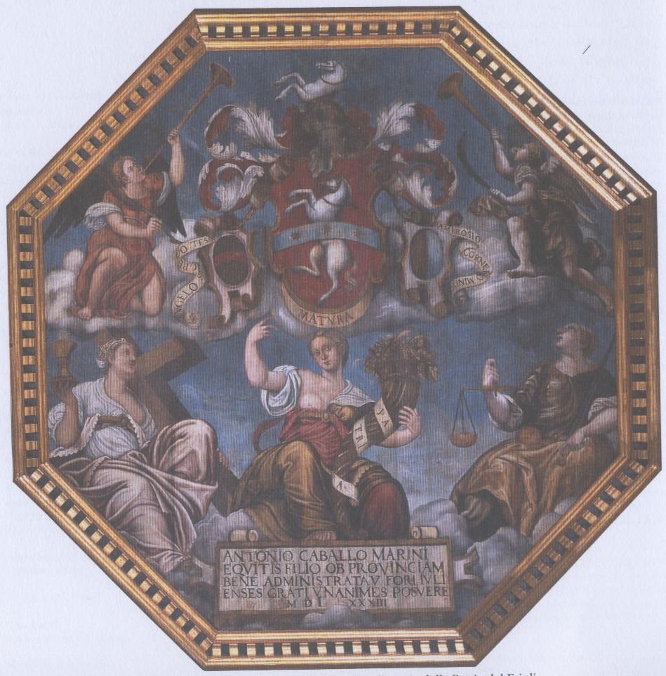 Central painting in the Parliament Hall of Friuli Castle in Udine featuring the Cavalli family crest with allegory of Religion, Abundance, and Justice