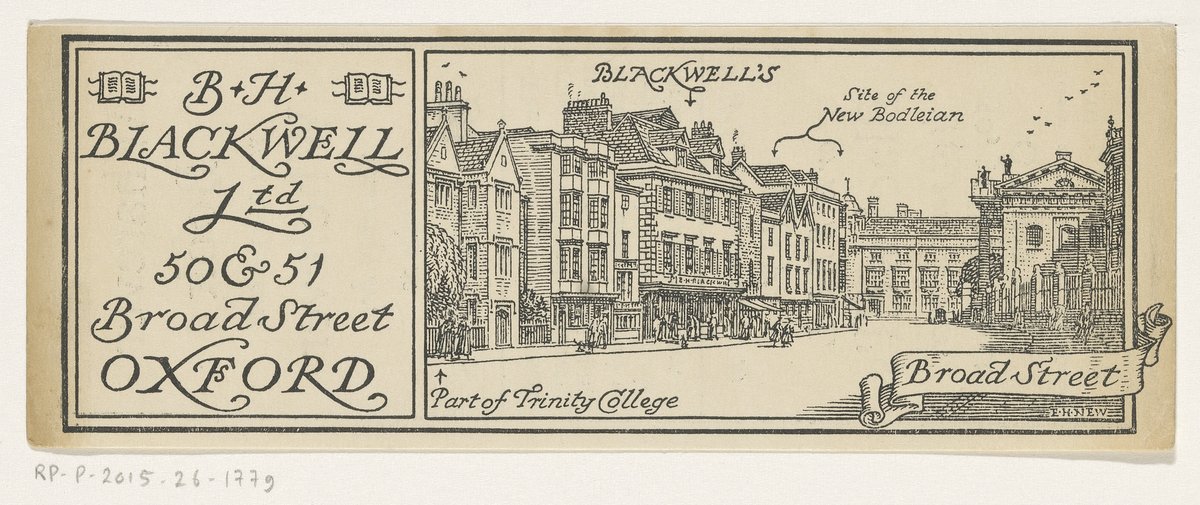 Line drawing advertisement for Blackwell's bookshop on Broad Street, Oxford showing Blackwell's bookshop and the Clarendon Building of the University of Oxford