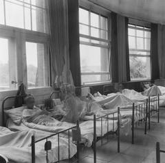 Women lying on beds in a dormitory hall at Bergen-Belsen concentration camp during repatriation in World War II