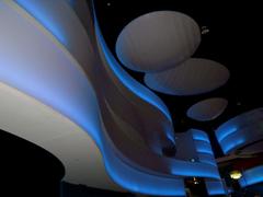 Grand entrance hall of Georgia Aquarium in Atlanta with large aquatic-themed decorations