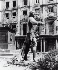 Schiller Statue in front of the ruins of the Old National Theatre in Mannheim circa 1945