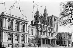 New York City Hall exterior building with columns and American flag