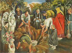 Watercolor painting of an entombment scene by Koga Harue in 1922