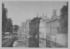 Black and white illustration of Bruges-la-Morte featuring the Steenhouwersdijk canal and surrounding buildings
