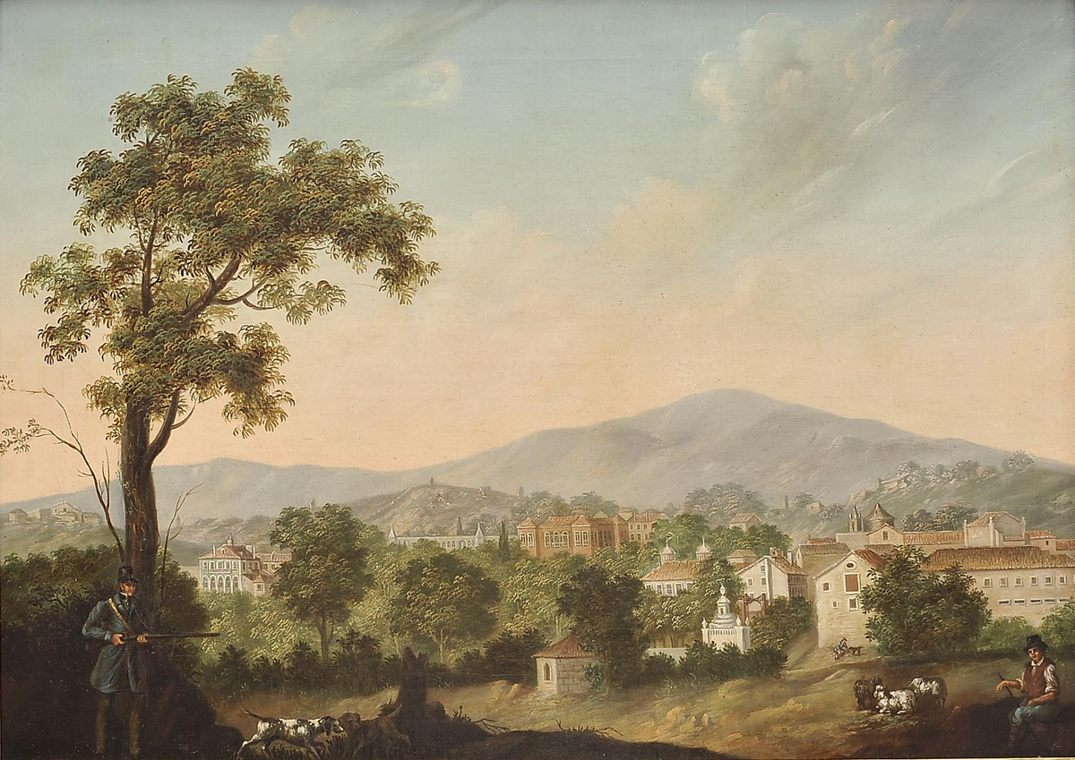 19th-century view of São Domingos de Benfica featuring a huntsman and shepherd