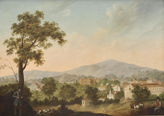 19th-century view of São Domingos de Benfica featuring a huntsman and shepherd