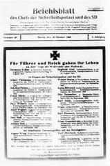 Title page of Befehlsblatt des Chefs der Sicherheitspolizei und des SD dated October 16, 1943, listing names of security police officers who died for the Führer and Reich including Franz Bürkl, Karl Riemann, and Adolf Wagner from Pawiak crew