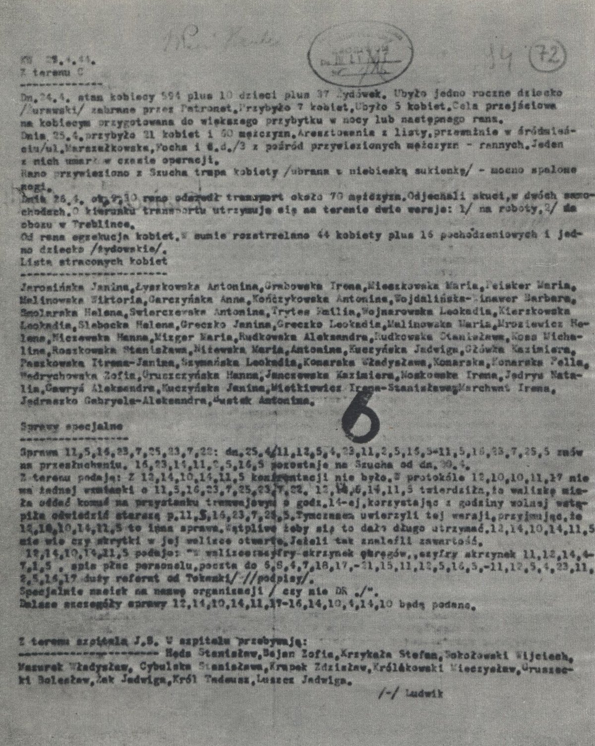 Conspirational report partially encrypted prepared by Władysław Bartoszewski about Polish political prisoners in Nazi-German prisons in Warsaw, April 1944