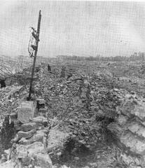 Ruins of Pawiak prison after the war in Warsaw surrounded by ruins of the former ghetto