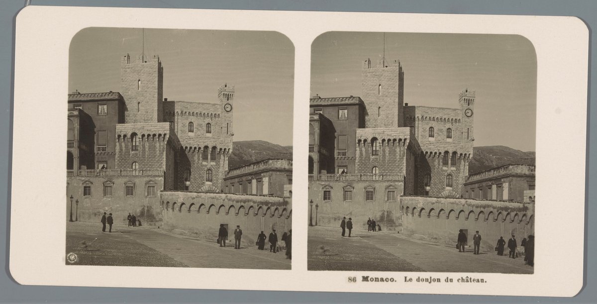 Facade detail of the Prince's Palace of Monaco with the castle's donjon and clock tower