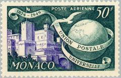 Commemorative stamp celebrating 75th anniversary of UPU with globe and Prince's Palace of Monaco