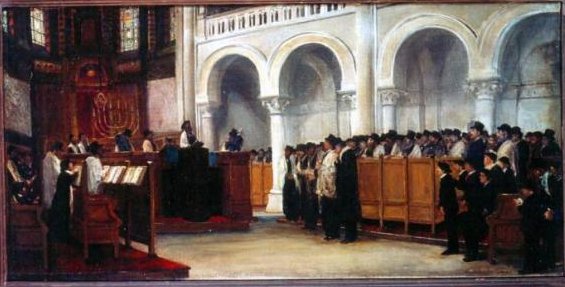 Interior of the Great Synagogue of Brussels with people praying for King Leopold II
