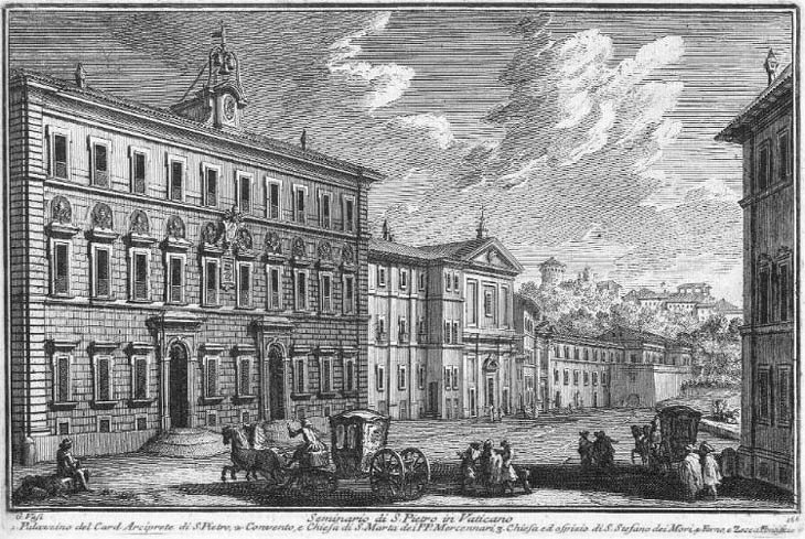 Historic Vatican buildings including Palazzino del Cardinale Arciprete di S. Pietro, S. Marta, S. Stefano degli Abissini, and a bakery