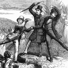 Scene from The Happy Land showing actors dressed as Gladstone, Lowe, and Ayrton