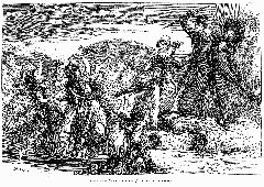 Scene from The Happy Land play showing actors dressed as Gladstone, Lowe, and Ayrton