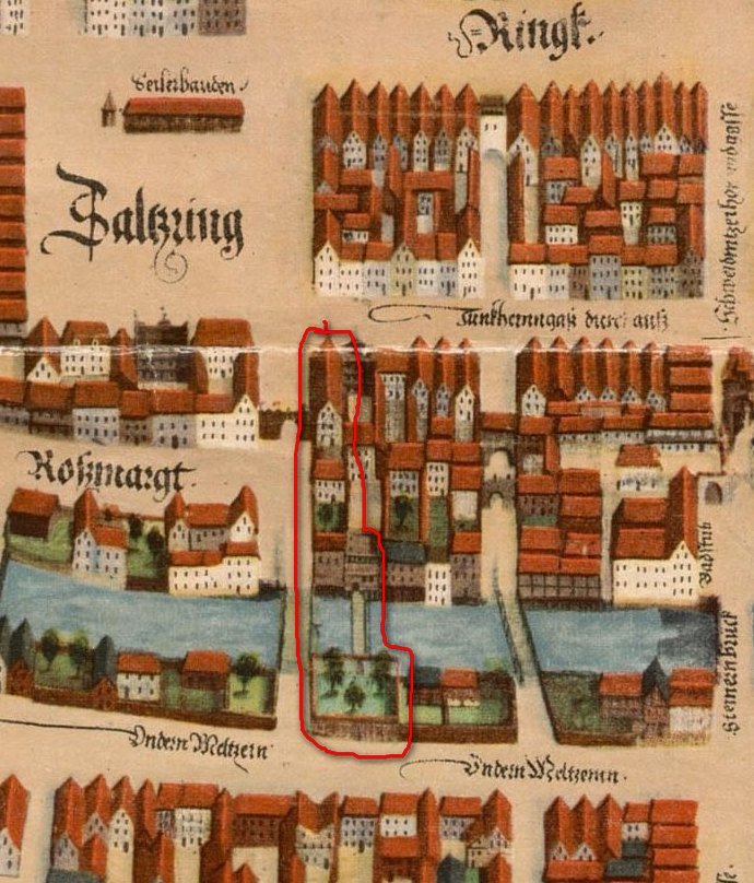 Axonometric plan of Wrocław city from 1562 highlighting Rybischów Palace property