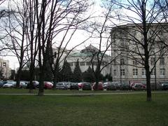 Sejm RP main building and Old House of Deputies viewed from a park in Warsaw