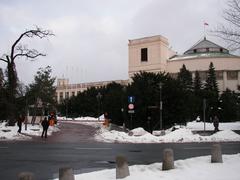 Main building of the Sejm RP viewed from Matejki Street with a barrier gate