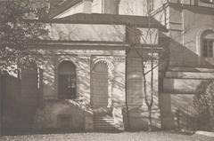 Vintage black and white photo of Vilnia's Juraŭski alley featuring St. George's Church and Carmelite Monastery in 1919