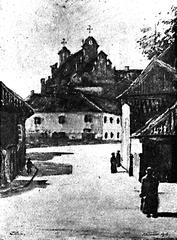 Vilnia historical street zavułak Juraŭski with St. George's Church and Carmelite monastery