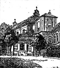 Historic street view of Vilnia Juraŭski with St. George's Church and Carmelite Monastery in 1917