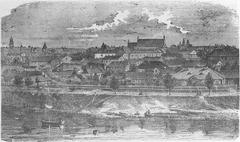 Historic view of Vilnia with Juraŭski lane and Saint George Church and Carmelite monastery from 1865 to 1891