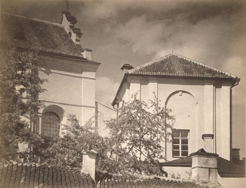 Historic view of Vilnia featuring the St. George Church and Carmelite monastery on Juraŭski Lane