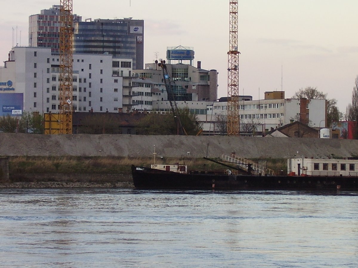 View of Bratislava riverfront with Danube River and city buildings
