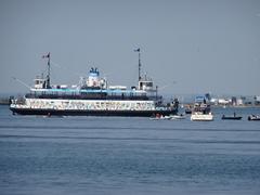 Ferries docked in Toronto's harbour on a sunny day
